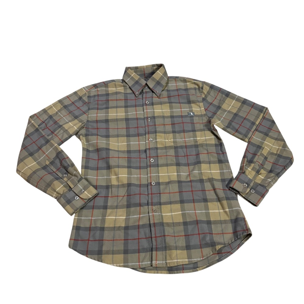 Local Boy Outfitters Mens Small Plaid Button Down Shirt Grey Tan‎ Red Stretch